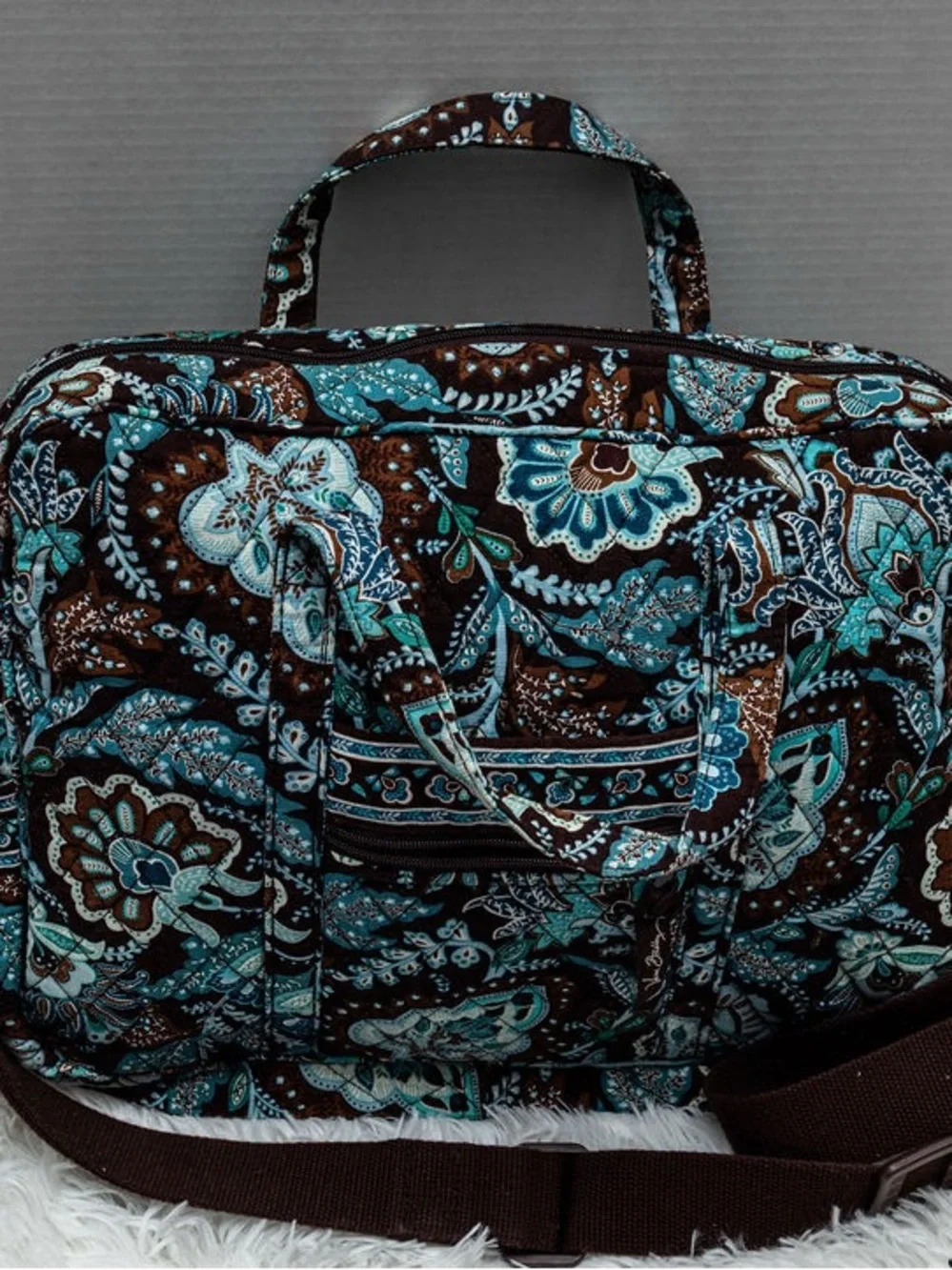 Vera Bradley Quilted Laptop Bag Computer Briefcase Travel Work Tote Blue Brown